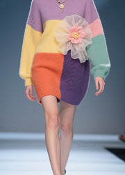 Stylish Colorblock O Neck Floral Knit Sweater Dress Fall