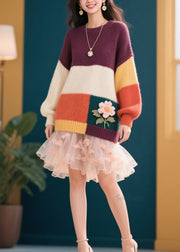 Stylish Colorblock O Neck Floral Knit Sweaters Fall