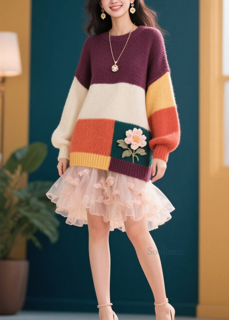 Stylish Colorblock O Neck Floral Knit Sweaters Fall