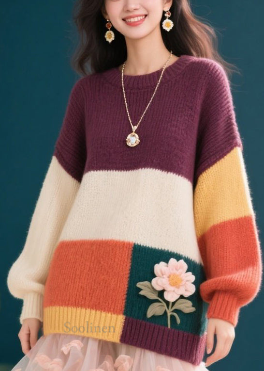 Stylish Colorblock O Neck Floral Knit Sweaters Fall