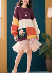 Stylish Colorblock O Neck Floral Knit Sweaters Fall