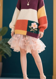 Stylish Colorblock O Neck Floral Knit Sweaters Fall