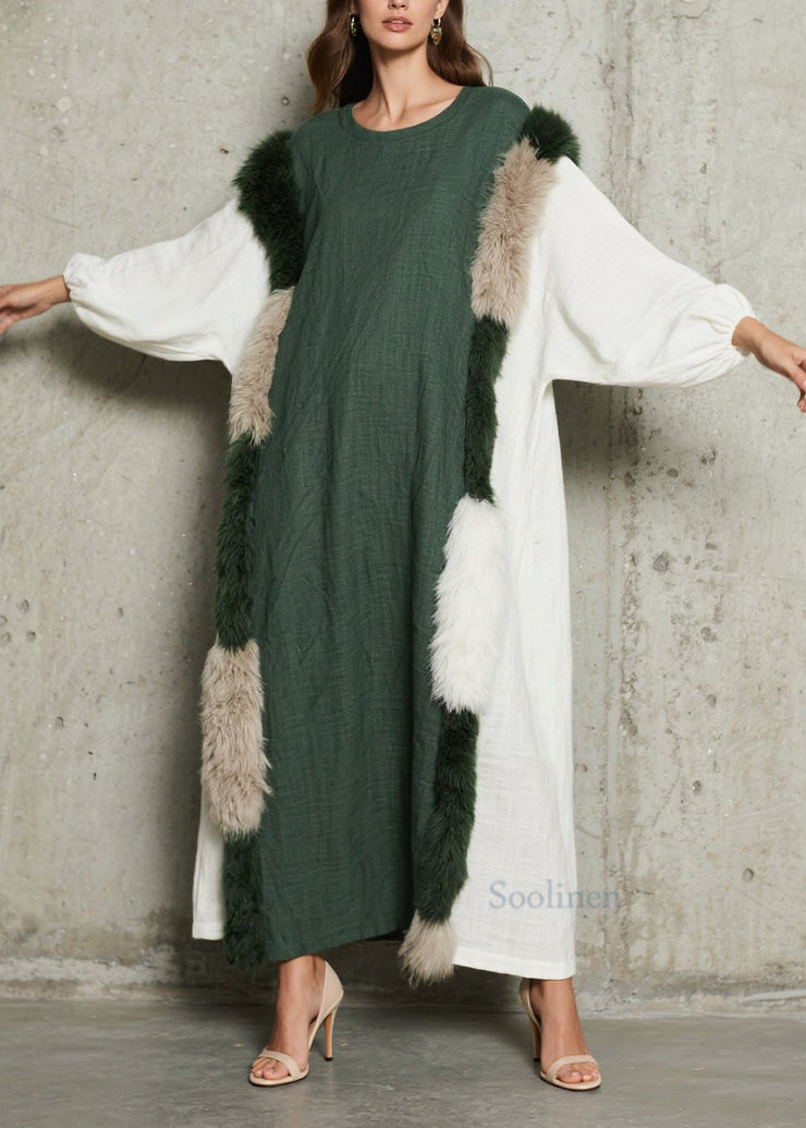 Stylish Colorblock O Neck Fuzzy Fur Fluffy Patchwork Cotton Dress Fall