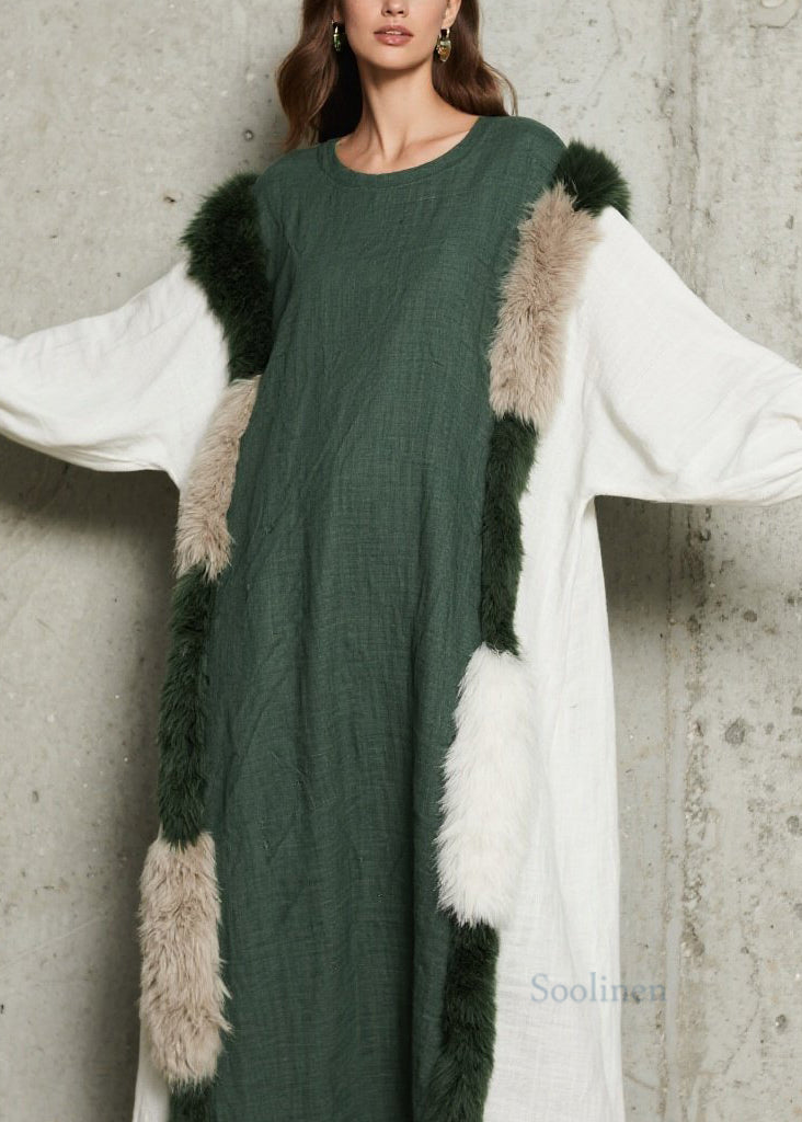 Stylish Colorblock O Neck Fuzzy Fur Fluffy Patchwork Cotton Dress Fall