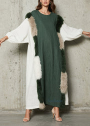 Stylish Colorblock O Neck Fuzzy Fur Fluffy Patchwork Cotton Dress Fall