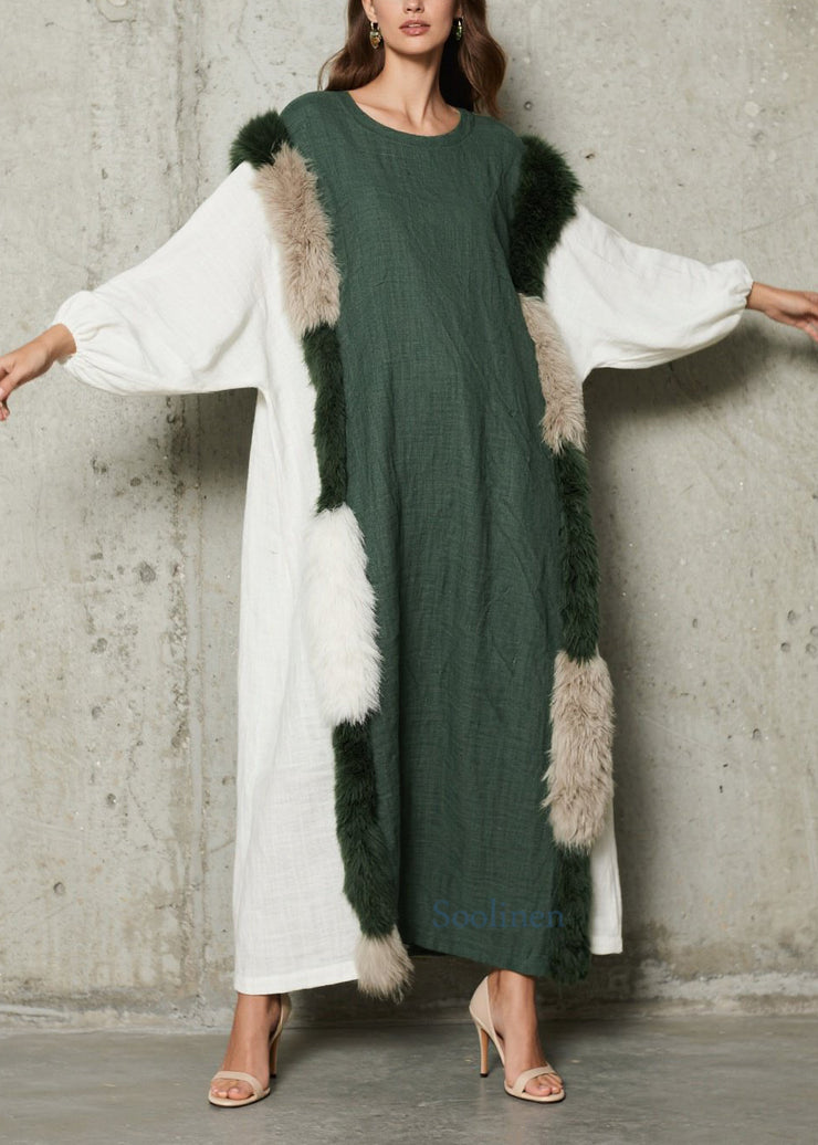 Stylish Colorblock O Neck Fuzzy Fur Fluffy Patchwork Cotton Dress Fall