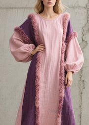 Stylish Colorblock O Neck Fuzzy Fur Patchwork Cotton Dress Fall