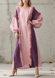Stylish Colorblock O Neck Fuzzy Fur Patchwork Cotton Dress Fall
