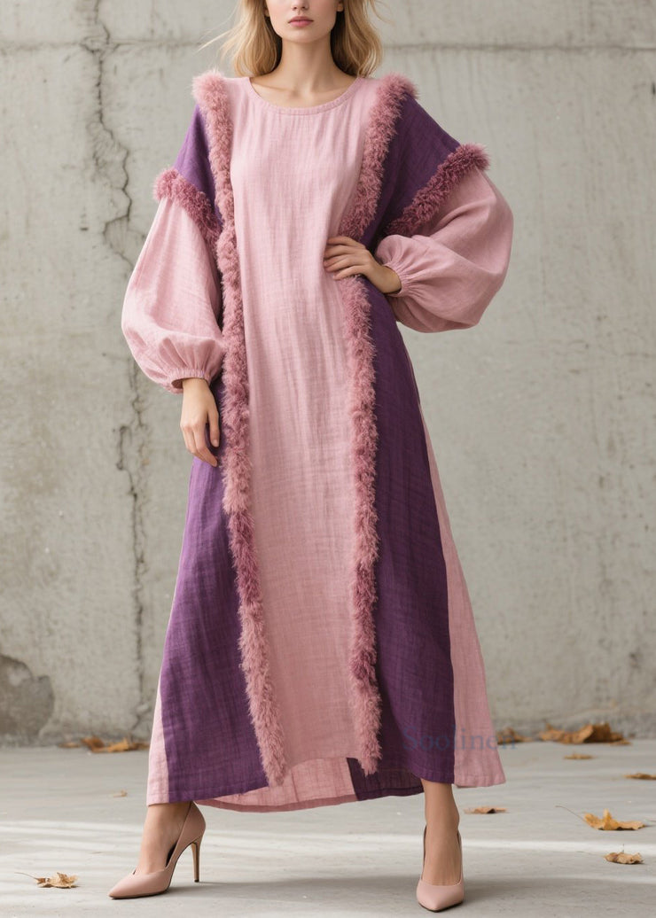Stylish Colorblock O Neck Fuzzy Fur Patchwork Cotton Dress Fall