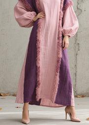 Stylish Colorblock O Neck Fuzzy Fur Patchwork Cotton Dress Fall