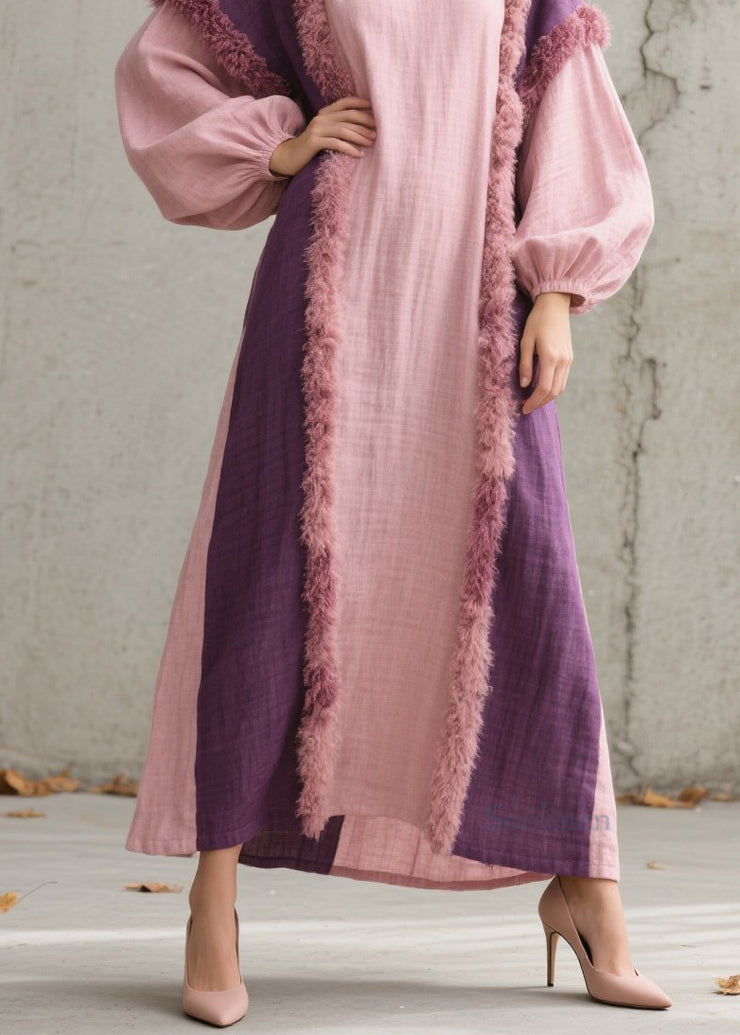 Stylish Colorblock O Neck Fuzzy Fur Patchwork Cotton Dress Fall