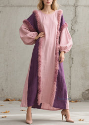 Stylish Colorblock O Neck Fuzzy Fur Patchwork Cotton Dress Fall