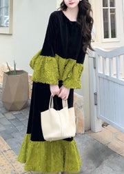 Stylish Colorblock O Neck Patchwork Velvet Two Pieces Set Fall