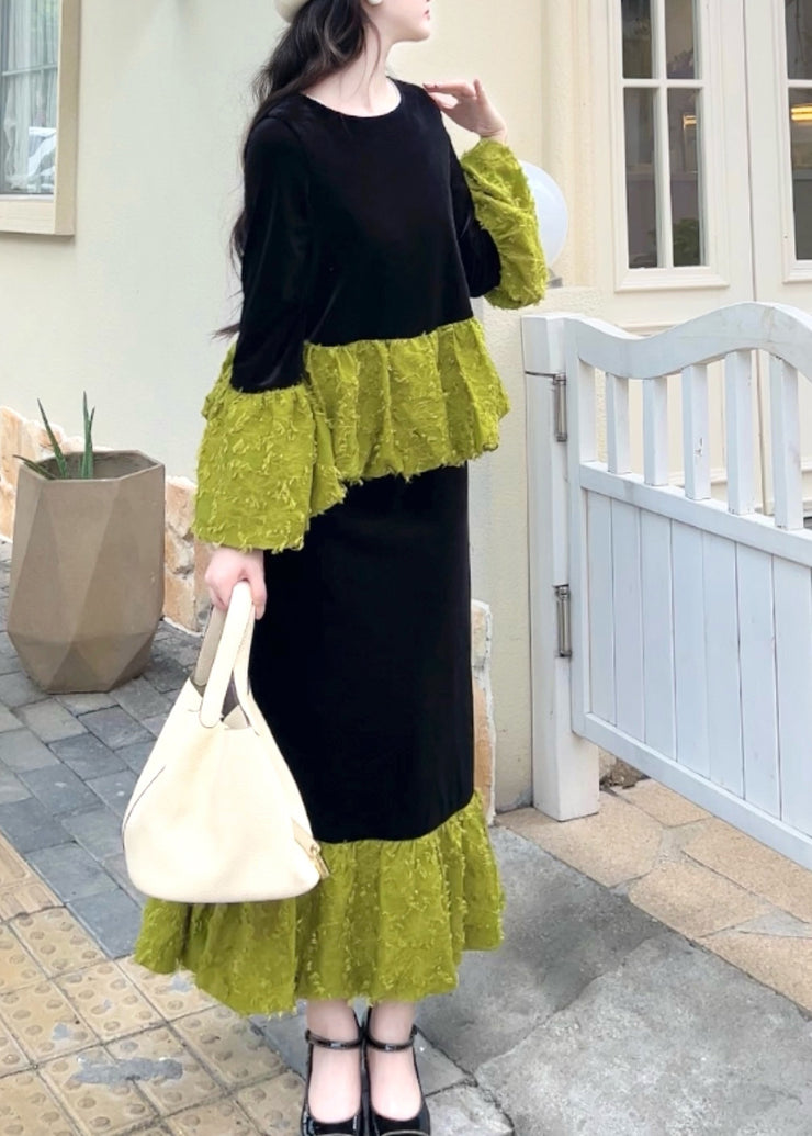 Stylish Colorblock O Neck Patchwork Velvet Two Pieces Set Fall