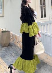 Stylish Colorblock O Neck Patchwork Velvet Two Pieces Set Fall