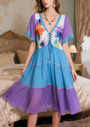Stylish Colorblock Patchwork Cross Strap Chiffon Robe Dresses Summer