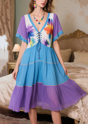 Stylish Colorblock Patchwork Cross Strap Chiffon Robe Dresses Summer