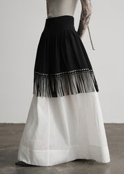 Stylish Colorblock Tasseled Patchwork Cotton Skirt Fall