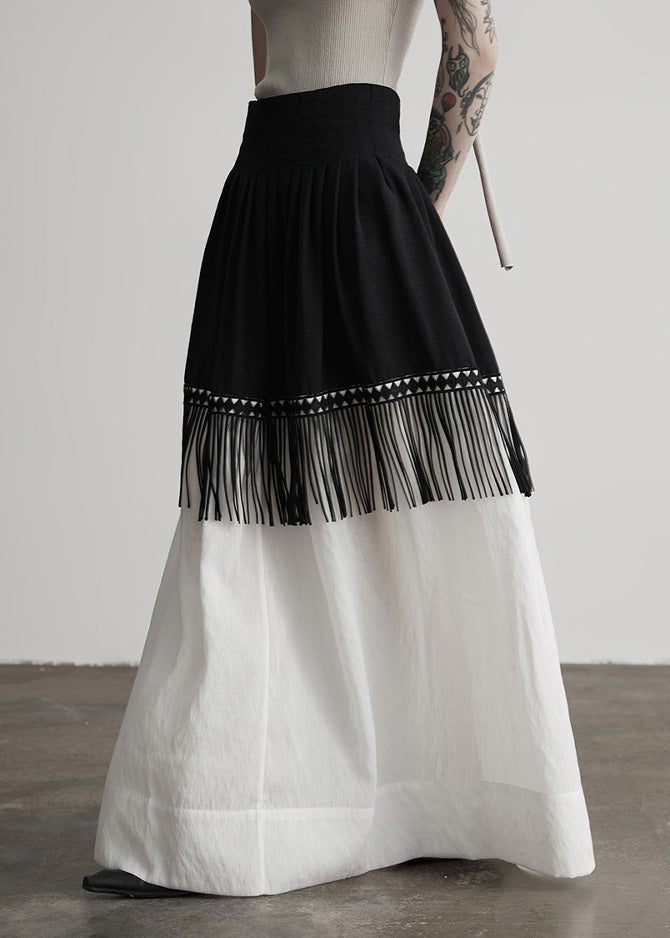 Stylish Colorblock Tasseled Patchwork Cotton Skirt Fall