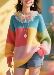 Stylish Colorblock Tulle Ruffled Floral Knit Sweater Fall