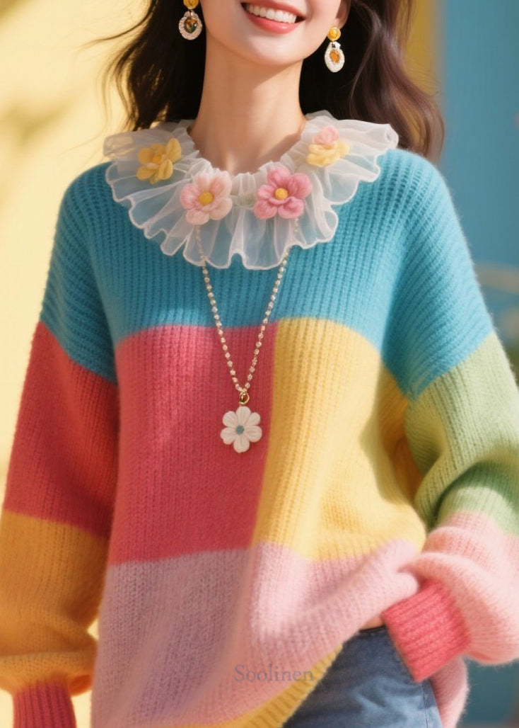 Stylish Colorblock Tulle Ruffled Floral Knit Sweater Fall