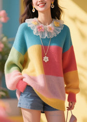 Stylish Colorblock Tulle Ruffled Floral Knit Sweater Fall