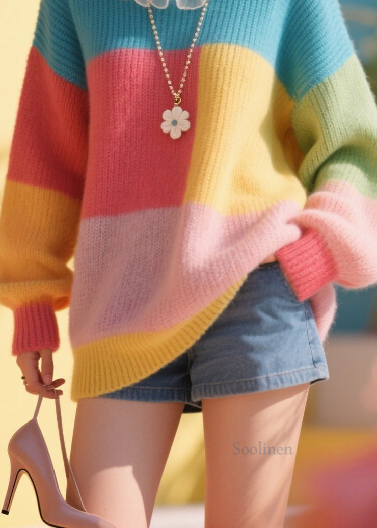 Stylish Colorblock Tulle Ruffled Floral Knit Sweater Fall