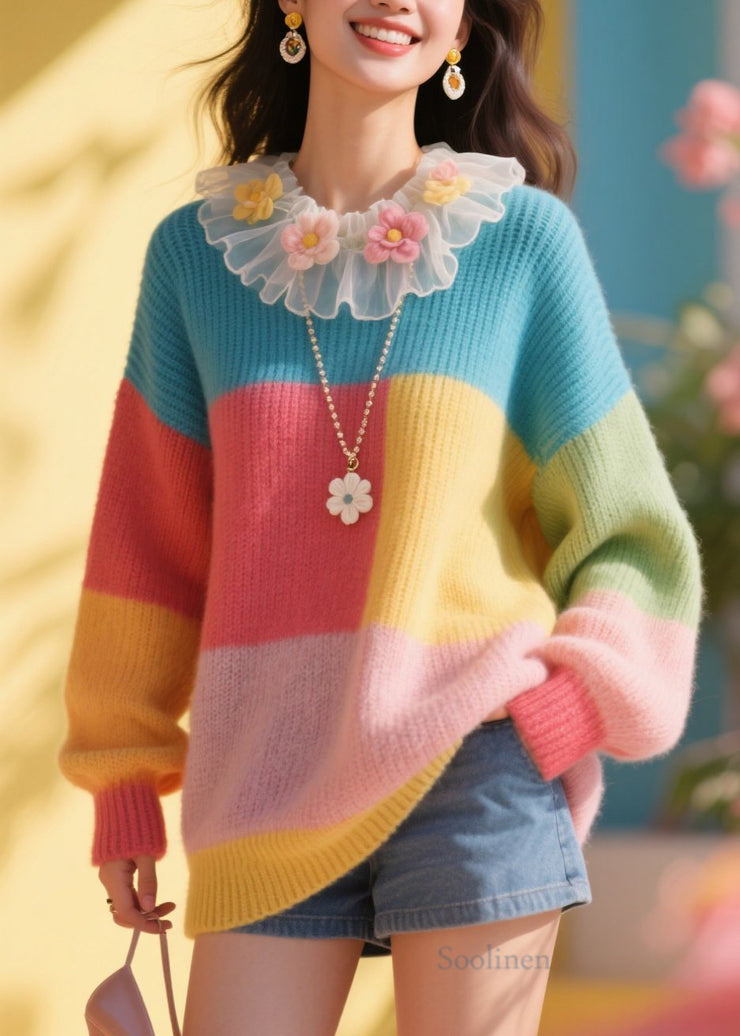 Stylish Colorblock Tulle Ruffled Floral Knit Sweater Fall