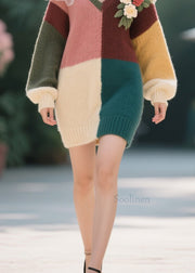 Stylish Colorblock V Neck Cold Shoulder Floral Knit Sweater Dress Fall