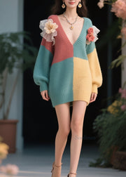 Stylish Colorblock V Neck Floral Knit Sweater Dress Fall