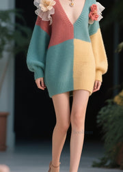 Stylish Colorblock V Neck Floral Knit Sweater Dress Fall