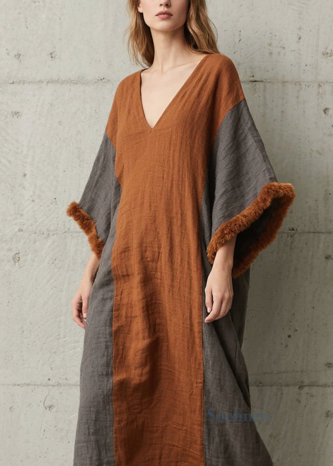Stylish Colorblock V Neck Fuzzy Fur Patchwork Cotton Dress Fall