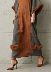 Stylish Colorblock V Neck Fuzzy Fur Patchwork Cotton Dress Fall