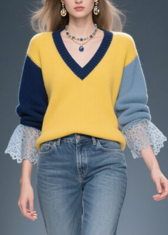 Stylish Colorblock V Neck Patchwork Lace Sweater Tops Winter
