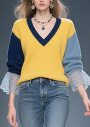 Stylish Colorblock V Neck Patchwork Lace Sweater Tops Winter