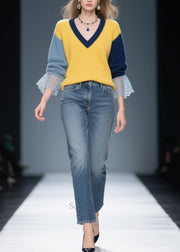 Stylish Colorblock V Neck Patchwork Lace Sweater Tops Winter