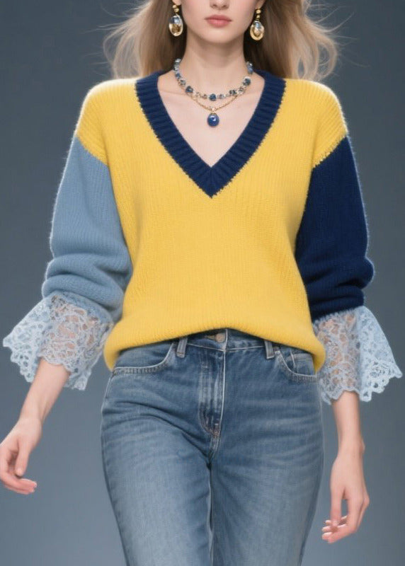 Stylish Colorblock V Neck Patchwork Lace Sweater Tops Winter