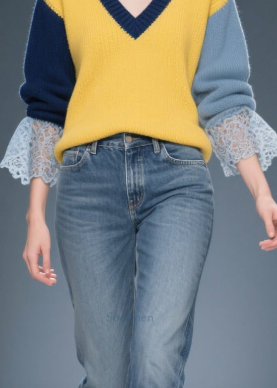 Stylish Colorblock V Neck Patchwork Lace Sweater Tops Winter