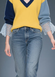 Stylish Colorblock V Neck Patchwork Lace Sweater Tops Winter