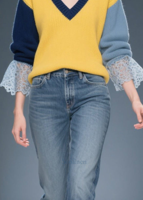 Stylish Colorblock V Neck Patchwork Lace Sweater Tops Winter