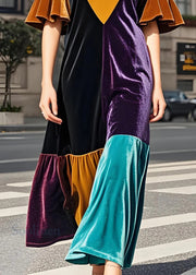 Stylish Colorblock V Neck Patchwork Velvet Dress Butterfly Sleeve