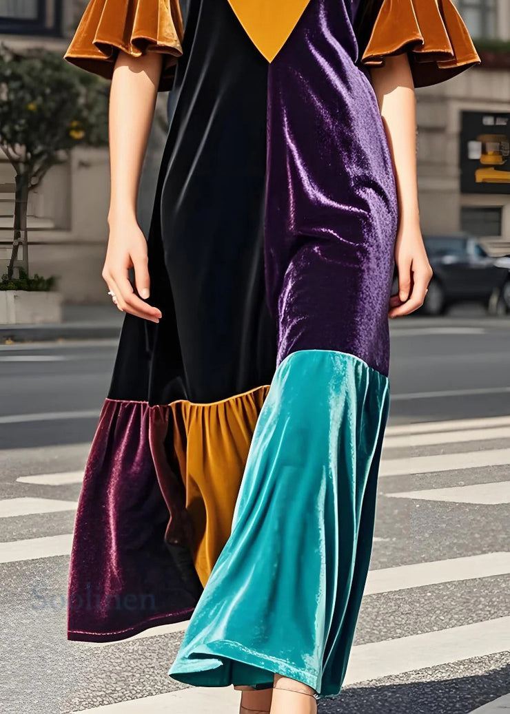 Stylish Colorblock V Neck Patchwork Velvet Dress Butterfly Sleeve