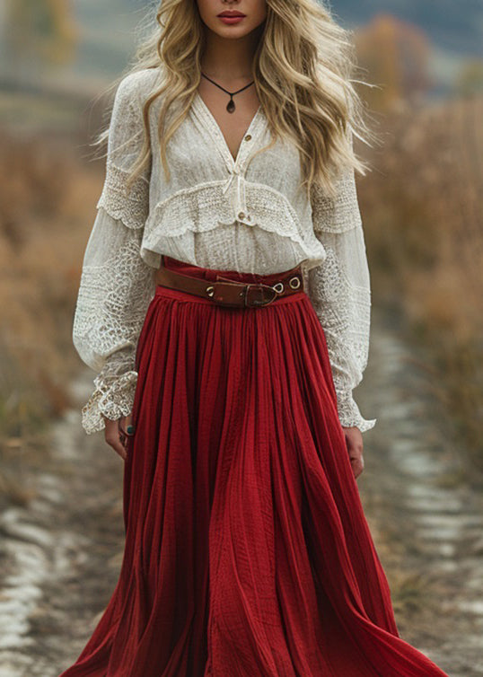Stylish Colorblock V Neck Wrinkled Lace Patchwork Dresses Long Sleeve
