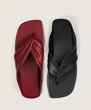 Stylish Comfy Splicing Flip Flops Red Cowhide Leather