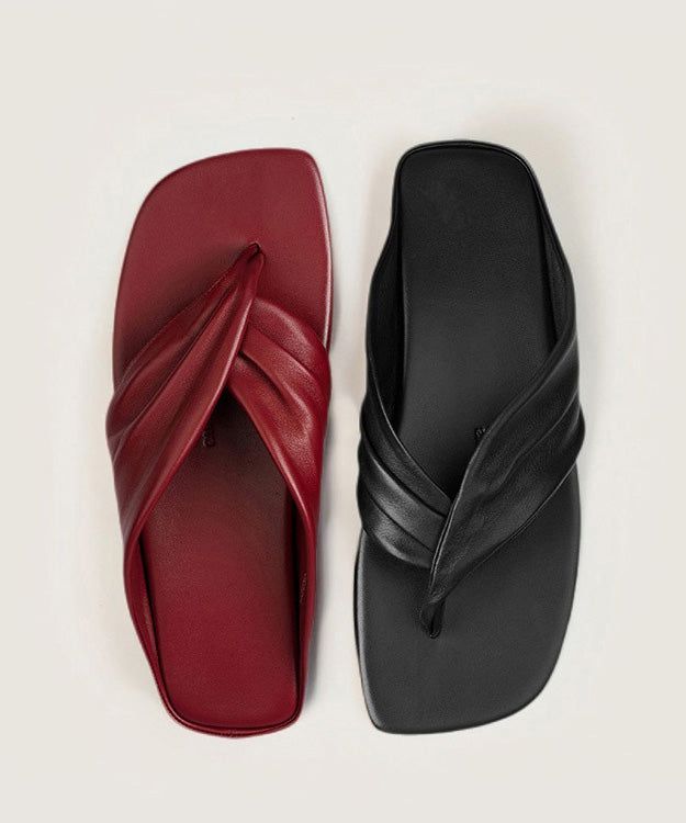 Stylish Comfy Splicing Flip Flops Red Cowhide Leather
