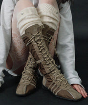 Stylish Cowhide Leather Lace Up Splicing Olive Boots