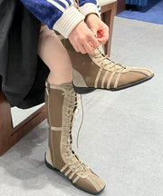 Stylish Cowhide Leather Lace Up Splicing Olive Boots
