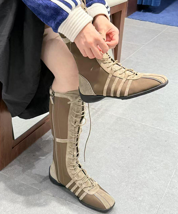 Stylish Cowhide Leather Lace Up Splicing Olive Boots