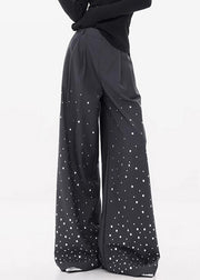 Stylish Dark Gray Zircon High Waist Spandex Wide Leg Pants Fall