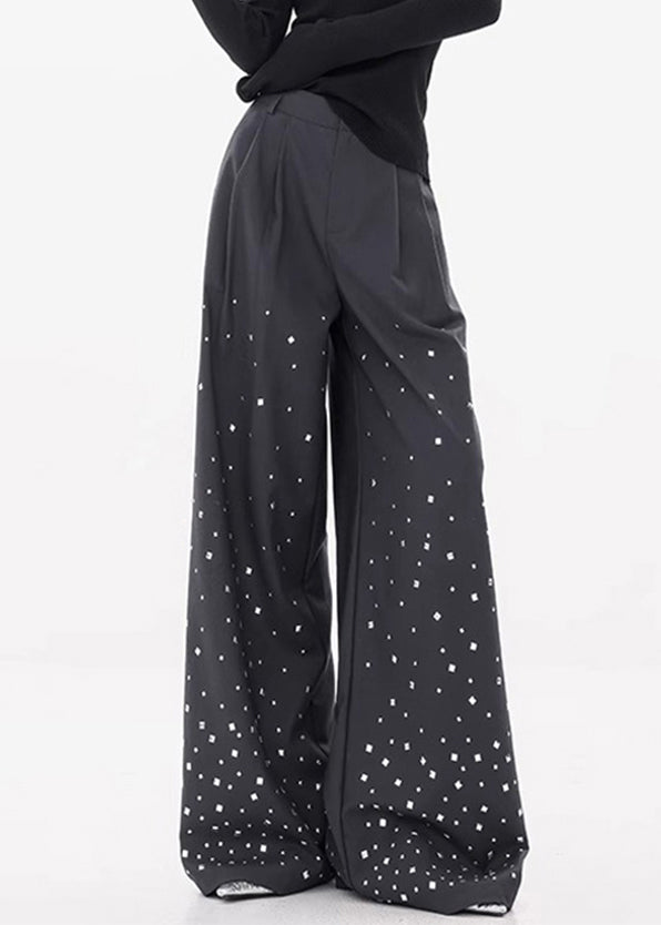 Stylish Dark Gray Zircon High Waist Spandex Wide Leg Pants Fall